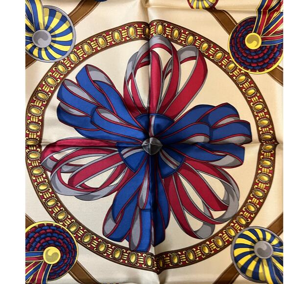 Longchamp Square Silk Scarf Ribbon Design Navy Border 90x90 cm 35x35 inches - Picture 9 of 9